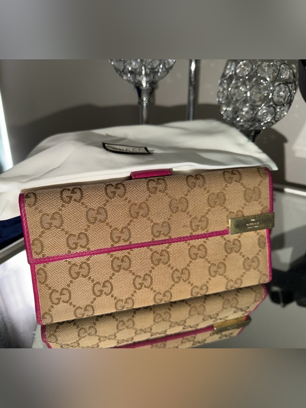 Gucci Vintage GG Canvas Convertible Wallet On Chain Pink WOC